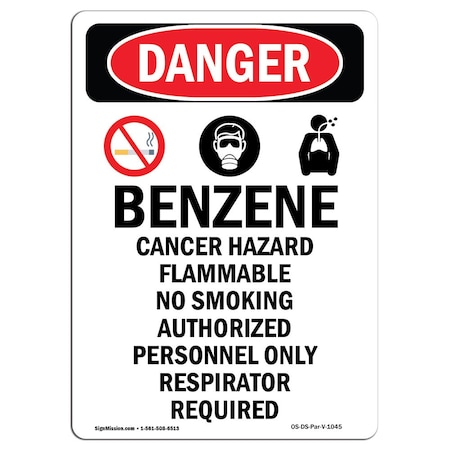 Signmission Safety Sign, OSHA Danger, 18" Height, Aluminum, Benzene Cancer Hazard, Portrait OS-DS-A-1218-V-1045